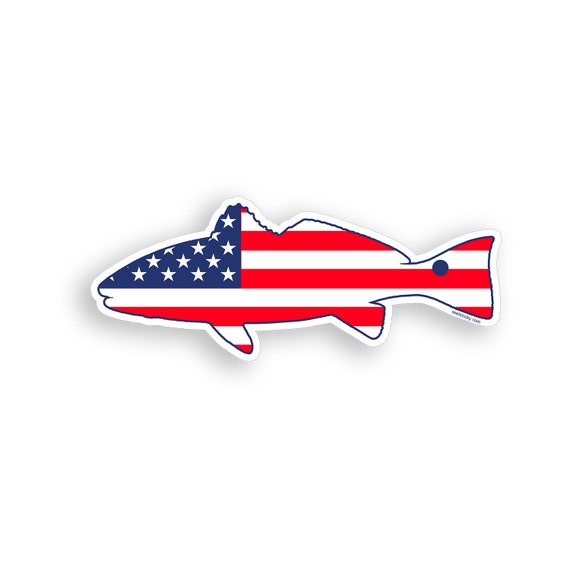 USA Red Fish Sticker Redfish Red White Blue Flag Fishing Slim Cup Cooler  Laptop Car Window Bumper Decal Graphic