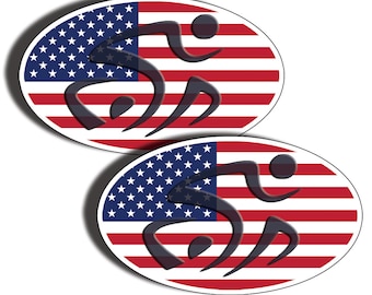 Pegatina ovalada de calcomanías de triatlones USA Flag USA 70.3 Run Bike Swim Ironman Kona 2X