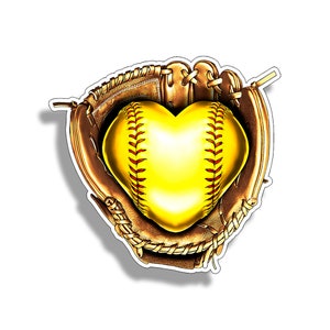 Softball Glove with Heart Shape Soft ball Sticker Love Play Slow fast Pitch Cup Cooler Tablet Laptop Car Vehicle Window Bumper Vinyl Decal