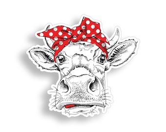 Cow with Red Bandanna Sticker Farm Animal face Female Heifer Cup Cooler Laptop Car Vehicle Window Bumper Decal Graphic