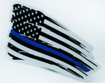 Tattered Blue Line USA American Flag Sticker Car Truck Window Bumper Vinyl Printed Police Law Enforcement Decal