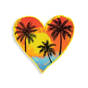 Puede incluir: Un diseño en forma de corazón con una puesta de sol y tres palmeras en silueta. La puesta de sol es naranja, amarilla y azul. El corazón está delineado en amarillo.