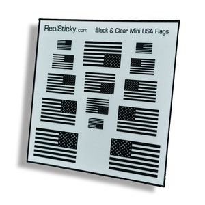 May include: A sheet of black and clear mini USA flags. The flags are arranged in rows and columns, with the largest flag at the top left and the smallest flag at the bottom right. The flags are all in the same style, with 13 horizontal stripes and 50 white stars on a blue field.