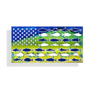 Mahi Mahi USA Fish American Flag Sticker Custom Printed Fishing US Die Cut Vinyl Car Boat Truck Kayak SUP Window Bumper Decal