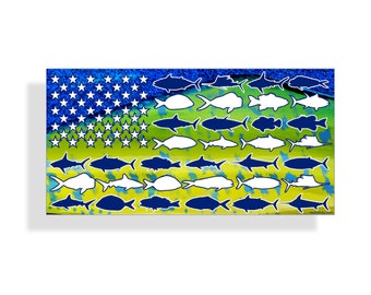 Mahi Mahi USA Fish American Flag Sticker Custom Printed Fishing US Die Cut Vinyl Car Boat Truck Kayak SUP Window Bumper Decal