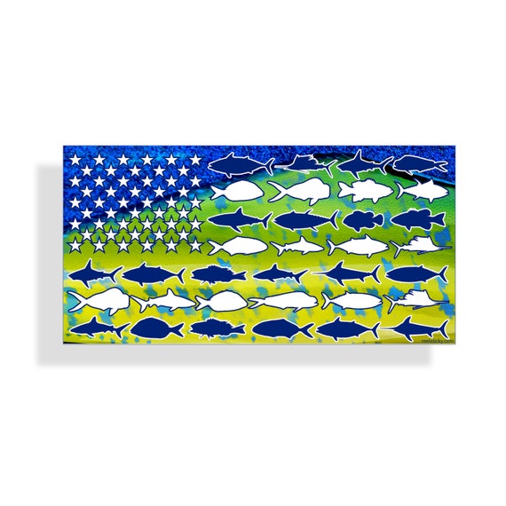 Mahi Mahi USA Fish American Flag Sticker Custom Printed Fishing US Die Cut  Vinyl Car Boat Truck Kayak SUP Window Bumper Decal 