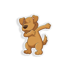Puede incluir: Una ilustración de dibujos animados de un perro marrón haciendo el dab. El perro tiene un contorno blanco y está sobre un fondo blanco.