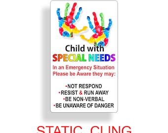 Special Needs Child Static Cling Window Emergency Safety Alert First Aid Home House Safe
