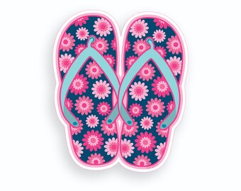 Flower Flip Flop Sticker Pink Blue Ocean Beach Cup Cooler Car Window Bumper Vinyl Decal Graphic