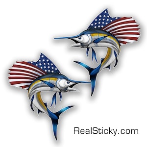 18&quot; Left Right Pair Sailfish Sticker Marlin Fish Fishing Patriotic American America USA Flag Boat Vinyl Decal Graphic