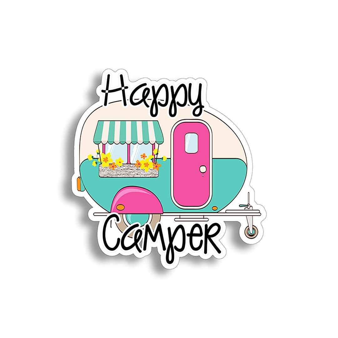 4" Happy Camper Sticker Retro RV Trailer Cooler Laptop Tablet Car ...