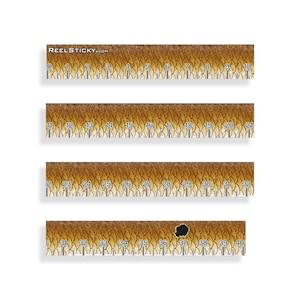 May include: A brown and gold fish ruler with a scale from 0 to 40 inches. The ruler has a fish scale pattern and the text "REELSTICKY.COM" is printed on the top.