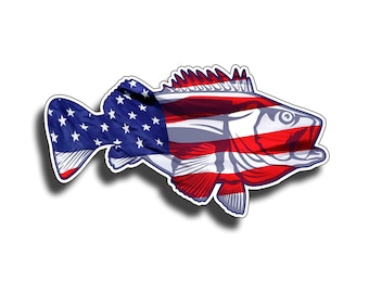 USA Bass Fish Sticker Printed Vinyl Fishing Decal Car Vehicle Truck Boat Patriotic American Flag America Laptop Window Bumper Graphic