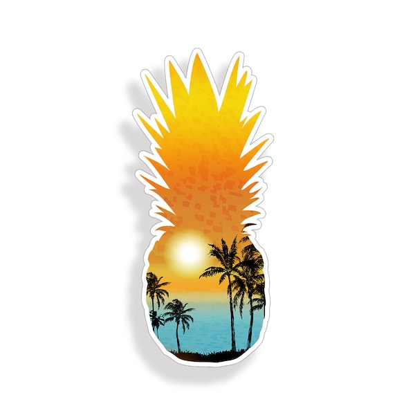 Pineapple Beach Scene Sticker Car Vehicle Window Bumper Palm tree Ocean Cooler Laptop Vinyl Decal