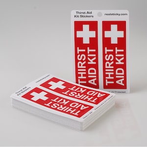 Thirst Aid Kit Sticker Funny Cooler Vinyl Decal Boat Lake Ocean Cup Mug Tumbler Water Bottle Safety Graphic