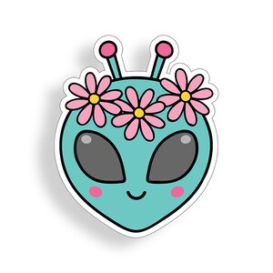 Green Groovy Alien with Flower Sticker Cup Cooler Laptop Car Vehicle Window Bumper Vinyl Decal Graphic