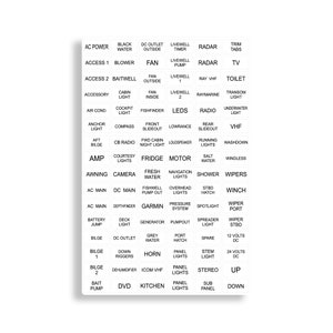 96 die cut White adhesive stickers with Black letters Pack Boat Dash Panel Marine fish fishing fuse Switch Gauge Decal Printed Sheet