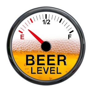 May include: A round gauge with a black needle pointing to the "E" for empty. The gauge is filled with a yellow liquid with white foam on top. The gauge reads "BEER LEVEL" and has markings for "1/2" and "F" for full.