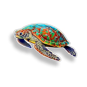 May include: A colorful sticker of a sea turtle. The turtle has a detailed design with a teal, orange, and green shell. The head and flippers are a mix of yellow, brown, and blue. The sticker is outlined in white, creating a shadow effect.