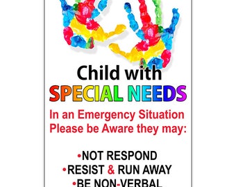 Special Needs Child Sticker Car Truck Window Vehicle Emergency Safety Alert First Aid Safe