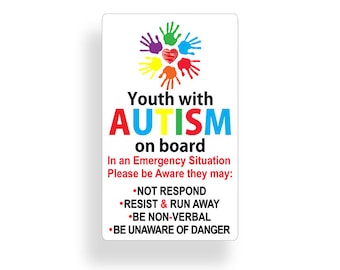 Youth with Autism on Board Sticker Car Truck Window Vehicle Emergency Safety Alert First Aid Safe Teen children
