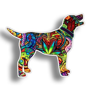 May include: A colorful, abstract dog silhouette with a black collar. The dog is outlined in white and filled with a variety of bright colors, including red, orange, yellow, green, blue, and purple.