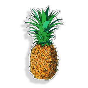 Op de afbeelding: Een sticker van een gele ananas met groene bladeren. De ananas is getekend in een cartoon-stijl met een witte omtrek.