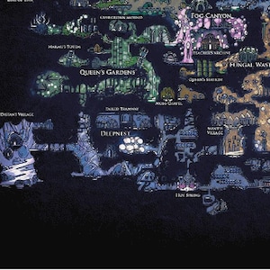 Puede incluir: Un mapa detallado del reino ficticio de Hallownest del videojuego Hollow Knight. El mapa muestra las áreas interconectadas del reino, incluyendo Greenpath, Queen's Gardens, Crystal Peak, City of Tears, y más.