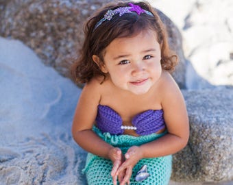 Crochet Mermaid tail with Top and Starfish headband, 3 PC Crochet mermaid tail for babies and toddlers, Crochet Mermaid tail photo prop,