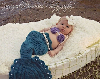 Cola de sirena de crochet, cola de sirena de 3 piezas para niños pequeños, cola de sirena para foto de bebé, sirena Ariel, traje de sirenita, cumpleaños de sirena