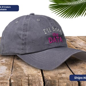 May include: A gray baseball cap with the text "I'll Bring the DATA" embroidered in white and pink.