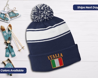 Winter Beanie Womens Embroidered Beanies Italia Flag Beanies for Men Pom Pom Beanie Hat Italia Flag Embroidered Headwear Hat for Woman