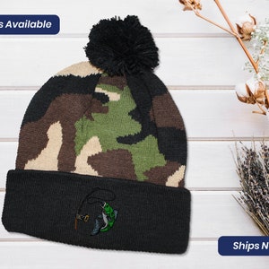 Beanie for Men Pom Pom Beanie Hat Sport Fishing Fish Logo Embroidery Winter Beanie Womens Beanies Embroidered Headwear Unisex Hat