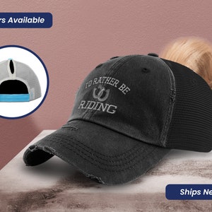 Ponytail Cap Women&#39;s Baseball Cap Horseshoes Rather Be Riding Embroidery Sun Hat with Ponytail Hole High Pony Hat Custom Gift Soft Ponytail