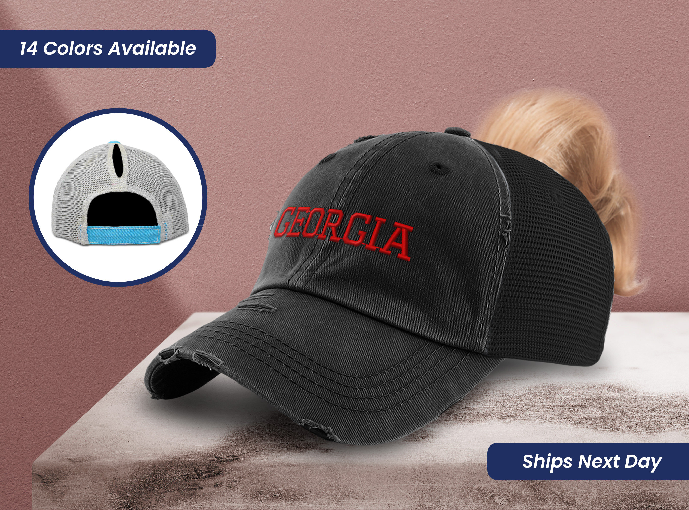 Michigan Girl Trucker Hat With Ponytail Slot – Distressed Cotton Cap With USA Embroidery - View #5