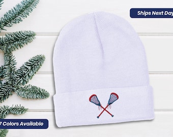 Beanie Hat Winter Beanie Womens Men's Lacrosse Sticks Embroidery Beanie for Men Black Beanie Embroidered Beanies Unisex Beanie