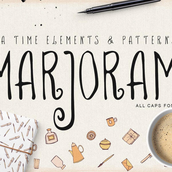 Marjoram Font - hand drawn font and vector illustrations set clipart