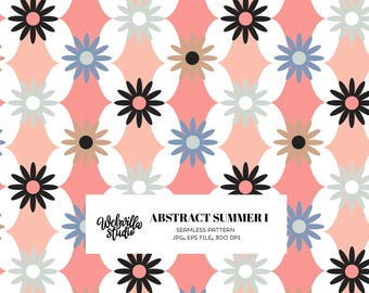 Abstract Summer Floral Seamless Pattern, Coral Pink Retro Daisy Repeat Pattern, Groovy Boho Surface Design, Black Blue Tan Flower Fabric
