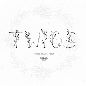 May include: Black and white hand-drawn font design with the word "TWIGS" in a unique style. The letters are adorned with leaf-like details, and the design includes the text "HAND DRAWN FONT" and "Webvilla Studio". A decorative floral wreath surrounds the text.