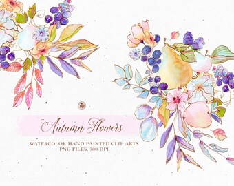 32 Autumn flowers digital clipart,  watercolor floral arrangement, for wedding invitation, arrangement for cards posters, painting clipart