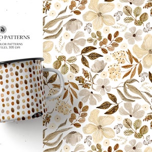 Patrón floral pintado a mano en acuarela, patrón sepia, tela con flores - Sepia Duo Patterns - con licencia comercial