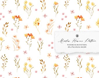 Watercolor Meadow Flowers Pattern, Wildflower Seamless Design, Floral Wallpaper and Fabric Print File