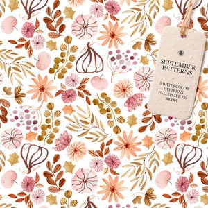 5 Aquarell handgemalte florale Herbst Muster, Herbst Muster, Blumen Stoffe, Aquarell Muster Set - September Patterns