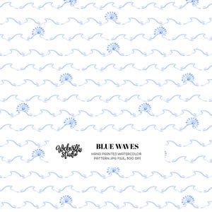 May include: A seamless pattern of hand-painted watercolor blue waves and sun-like designs on a white background. The text "BLUE WAVES" and "Hand Painted Watercolor Pattern JPG File, 300 DPI" is included.