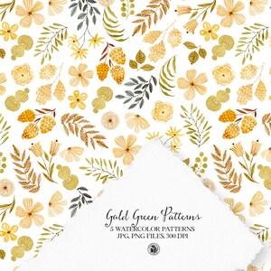 5 aquarel handgeschilderde digitale bloemenpatronen, digitale patronen, bloemenstoffen, naadloze aquarelpatronen - Gold Greens Patterns