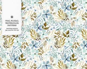 Watercolor teal floral pattern, seamless pattern, watercolor fabric, floral textile, pattern, watercolor background - Teal Floral Pattern