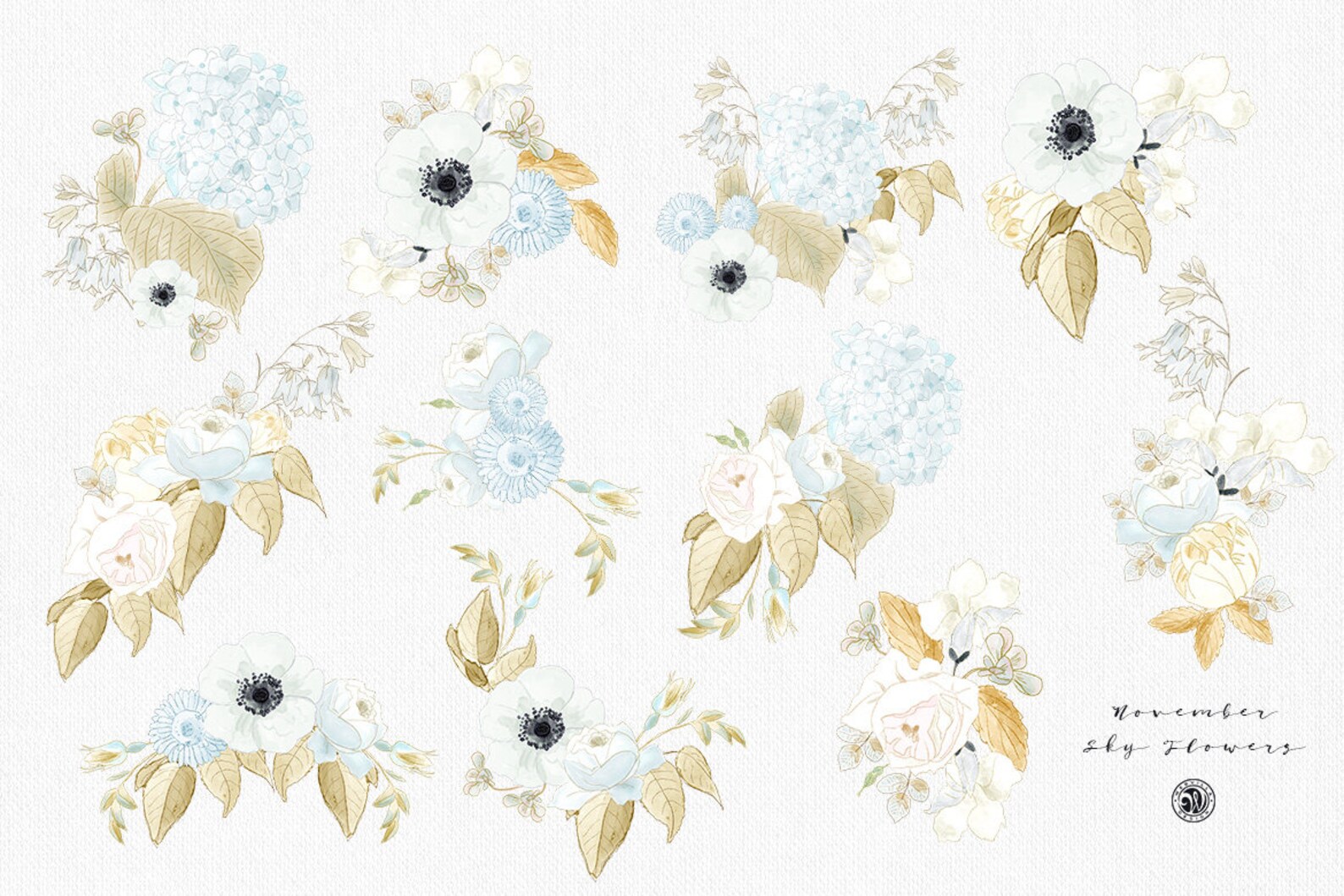 November Sky Flowers 11 Clipart Watercolor Flowers and Papers, Clipart