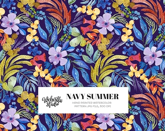 Watercolor Floral Pattern, Navy Tropical Seamless Design, Digital Paper for Fabric Printing and Surface Pattern
