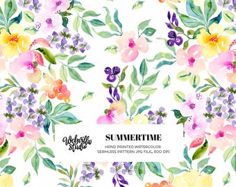 Hand Painted Pastel Yellow Pink Watercolor Nursery Fabric, Summer Floral Seamless Pattern for Wedding Invitation, Tropical Botanical Surface