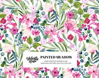 Hand Painted Watercolor Meadow Pattern – Digital Download for Fabric, Fashion, Planners, Wallpaper, Feminine Wrapping Paper
